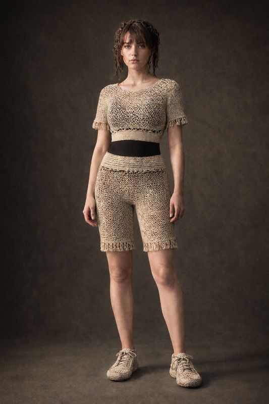 Tensengral Experimental Patterned Waistband Long Shorts and Horizontal Tube Shirt