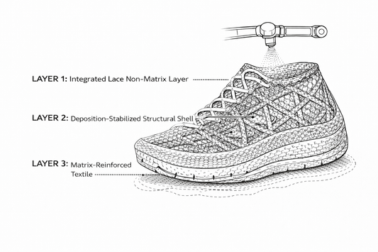 Three-layer braided textile architecture for robotic deposition footwear showing interior fit layer, structural shell, and sole interface