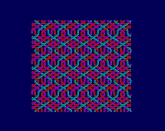 Spiraling dual helix yarn paths in lace braided textile structure visualized through Flower of Life geometry